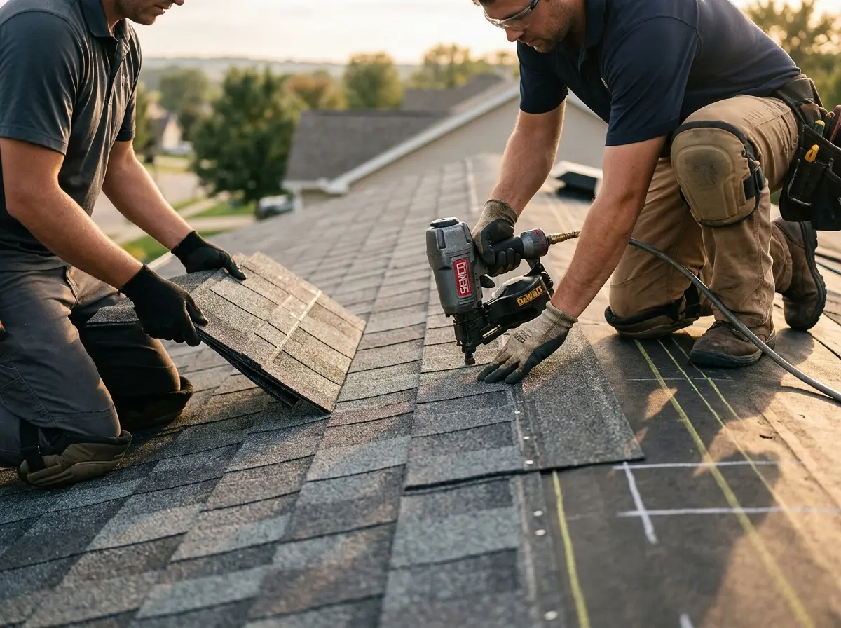 Professional roofer working on a residential roof in Forsyth